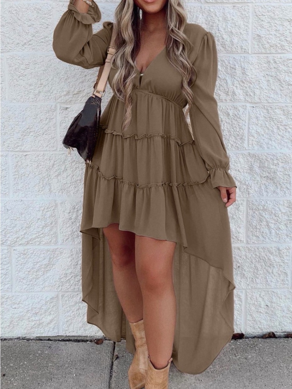 V-Neck Tiered High-Low Dress in Olive
